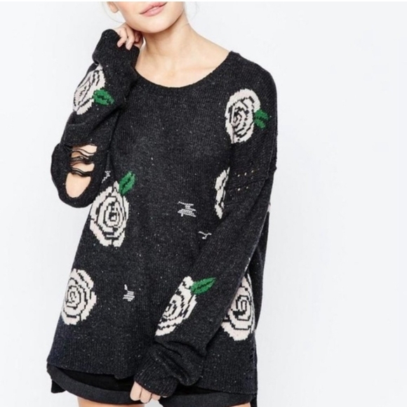 Wildfox Shredded Roses Venice Canal Sweater Gray Size XS - Picture 1 of 14